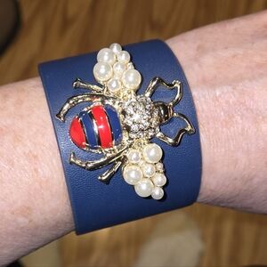 Blue Cuff Bracelet Bee with Pearls  Gold and Red